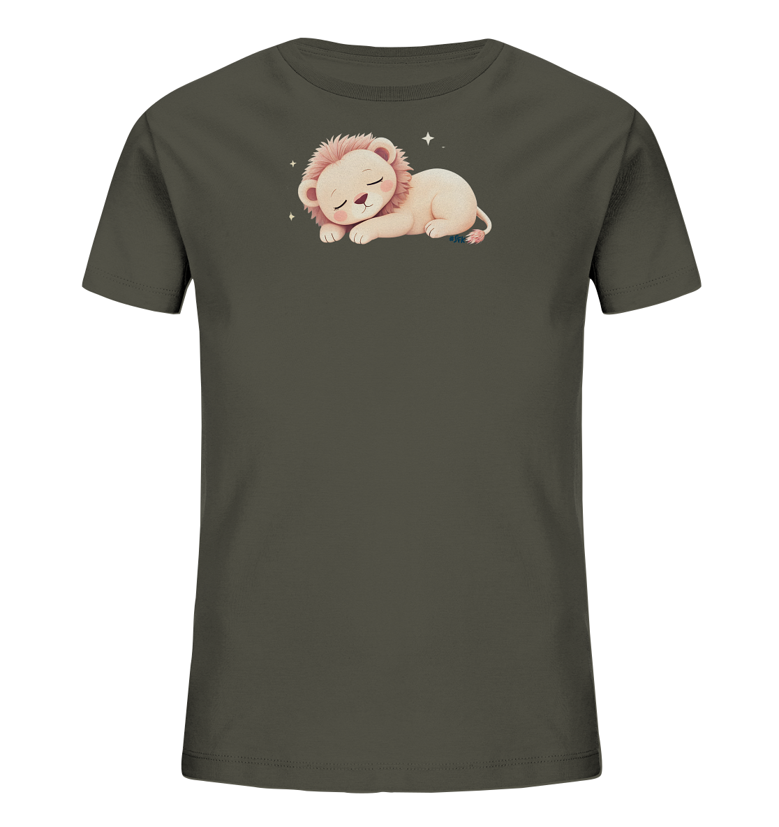 Onlineshop Shirts fuer Kinder - Das Bild zeigt ein dunkelgraues Kinder-T-Shirt. Auf der Vorderseite ist ein niedliches, schlafendes Loewenbaby mit einer rosafarbenen Maehne abgebildet. Das Loewenbaby liegt friedlich zusammengerollt, umgeben von kleinen, glitzernden Sternen. Das Design wirkt beruhigend und ist ansprechend fuer Kinder.