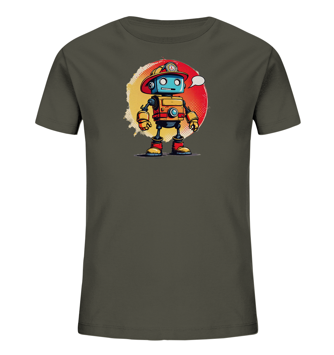 Onlineshop Shirts für Kinder - Das Bild zeigt ein dunkelgraues Kinder-T-Shirt mit einer farbenfrohen Grafik auf der Vorderseite. Die Grafik stellt einen cartoonhaften Roboter dar, der einen roten Helm trägt und einen freundlichen Ausdruck hat. Der Roboter hat einen blauen Kopf, einen gelben Körper mit einem roten Umriss und rote Gliedmaßen sowie Stiefel. Hinter dem Roboter ist ein grober, texturierter Kreis in den Farben Gelb und Rot zu sehen, und über dem Roboter schwebt eine leere Sprechblase.