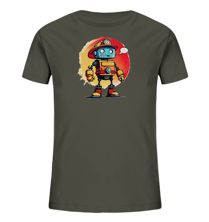 Onlineshop Shirts für Kinder - Das Bild zeigt ein dunkelgraues Kinder-T-Shirt mit einer farbenfrohen Grafik auf der Vorderseite. Die Grafik stellt einen cartoonhaften Roboter dar, der einen roten Helm trägt und einen freundlichen Ausdruck hat. Der Roboter hat einen blauen Kopf, einen gelben Körper mit einem roten Umriss und rote Gliedmaßen sowie Stiefel. Hinter dem Roboter ist ein grober, texturierter Kreis in den Farben Gelb und Rot zu sehen, und über dem Roboter schwebt eine leere Sprechblase.