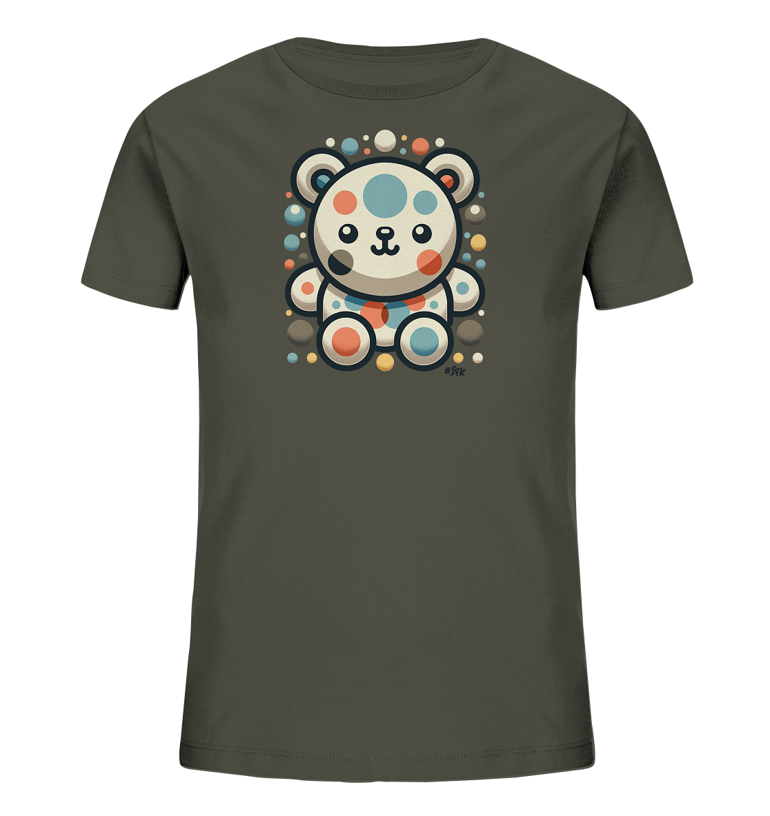 Onlineshop Shirts fuer Kinder - Das Bild zeigt ein dunkelgraues Kinder-T-Shirt mit einem niedlichen Baerenmotiv auf der Vorderseite. Der Baer ist weiss mit farbigen Punkten in Blau, Orange und Schwarz und sitzt in einer freundlichen Pose. Um den Baeren herum sind viele kleine, bunte Punkte in aehnlichen Farbtoenen verteilt. Das Design wirkt froehlich und verspielt.
