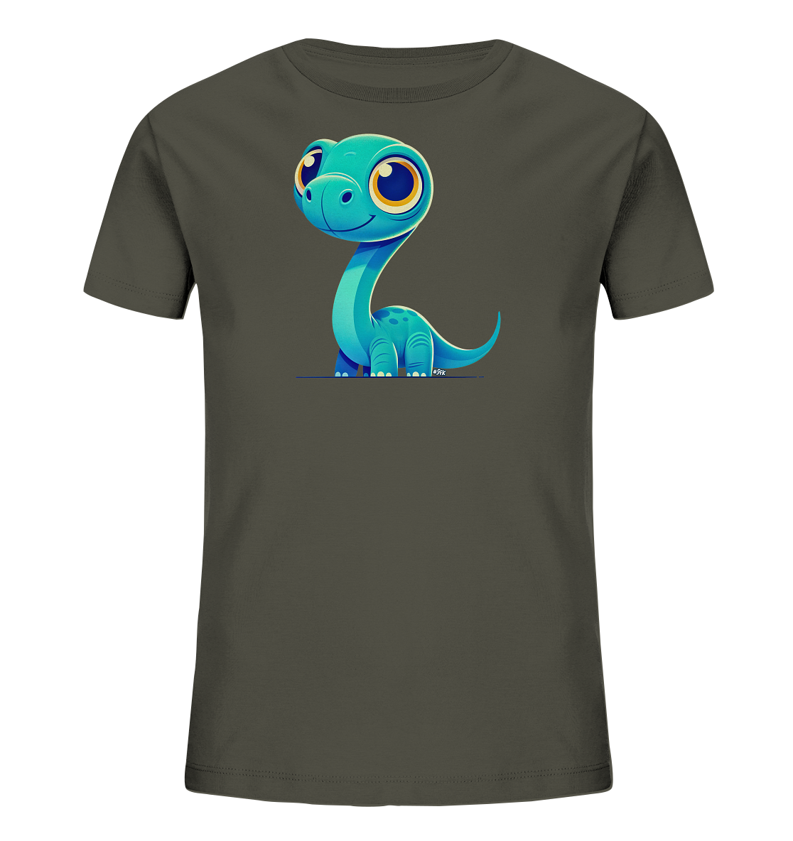 Onlineshop Shirts für Kinder - Das Bild zeigt ein dunkelgraues Kinder-T-Shirt mit einem großen, farbenfrohen Aufdruck auf der Vorderseite. Das Motiv ist ein sehr niedlicher, cartoonhafter Dinosaurier in leuchtendem Blau. Der Dinosaurier hat einen langen Hals, einen kleinen Körper, große runde Augen und ein freundliches Lächeln. Dieses Design verleiht dem schlichten Shirt einen verspielten und ansprechenden Look.