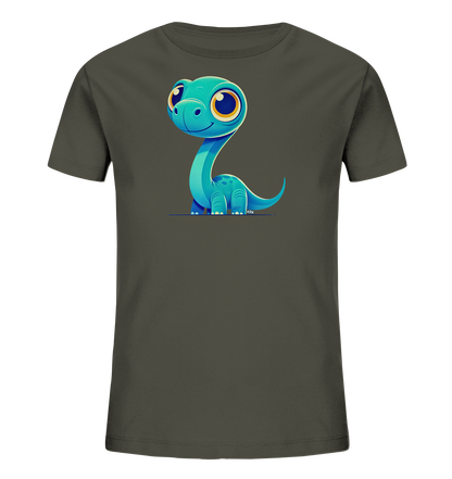 Onlineshop Shirts für Kinder - Das Bild zeigt ein dunkelgraues Kinder-T-Shirt mit einem großen, farbenfrohen Aufdruck auf der Vorderseite. Das Motiv ist ein sehr niedlicher, cartoonhafter Dinosaurier in leuchtendem Blau. Der Dinosaurier hat einen langen Hals, einen kleinen Körper, große runde Augen und ein freundliches Lächeln. Dieses Design verleiht dem schlichten Shirt einen verspielten und ansprechenden Look.