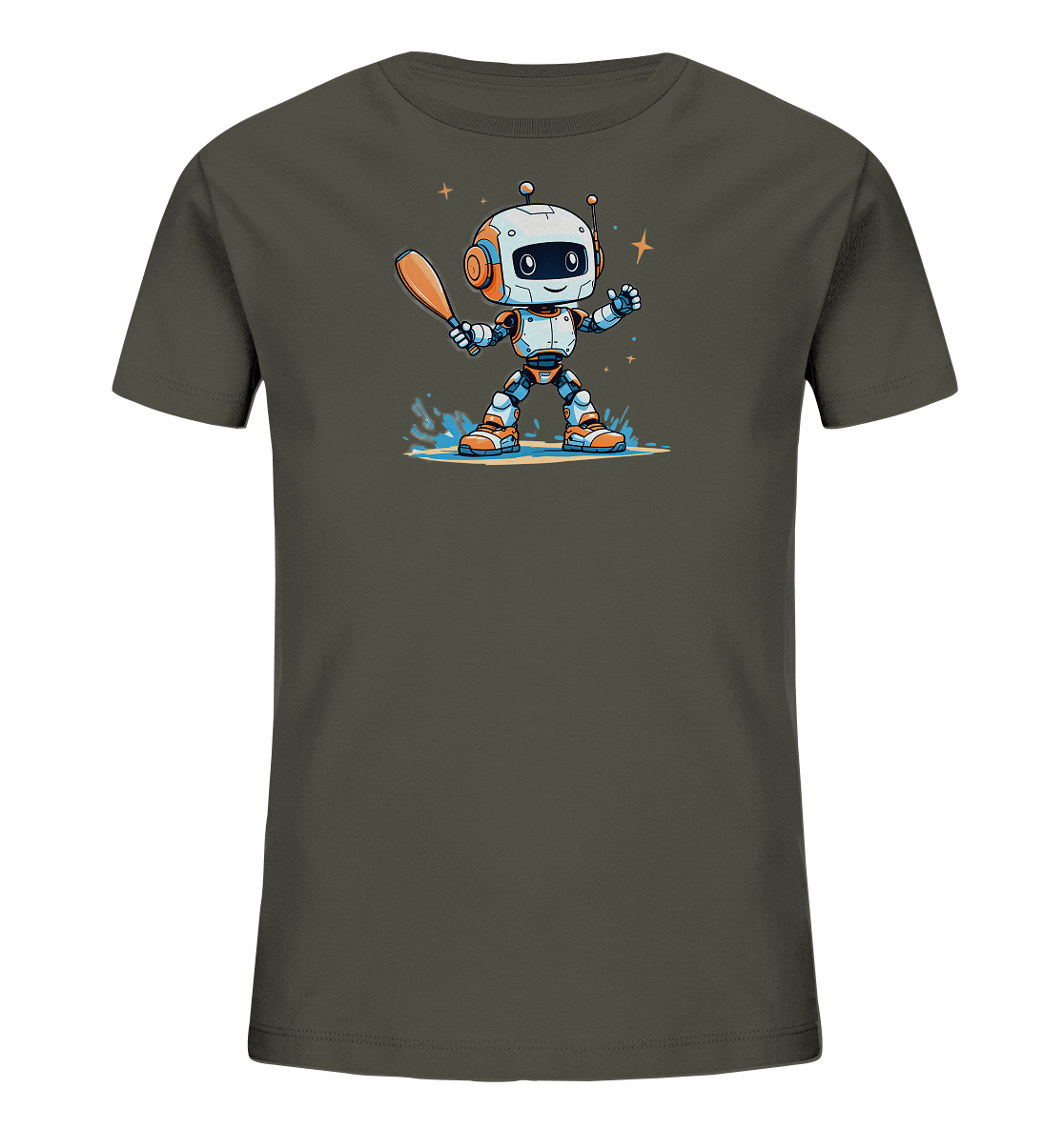 Onlineshop Shirts für Kinder - Dieses dunkelgraue T-Shirt zeigt eine farbenfrohe Cartoon-Illustration eines freundlichen Roboters. Der Roboter hält einen Baseballschläger und steht in einer Pfütze oder Wasserfläche, wobei Wasser spritzt. Kleine Sterne oder Funken umgeben den oberen Bereich des Motivs. Das Design ist verspielt und dynamisch, passend für Kinder.