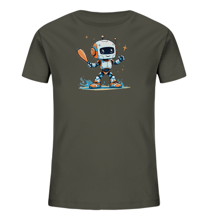 Onlineshop Shirts für Kinder - Dieses dunkelgraue T-Shirt zeigt eine farbenfrohe Cartoon-Illustration eines freundlichen Roboters. Der Roboter hält einen Baseballschläger und steht in einer Pfütze oder Wasserfläche, wobei Wasser spritzt. Kleine Sterne oder Funken umgeben den oberen Bereich des Motivs. Das Design ist verspielt und dynamisch, passend für Kinder.