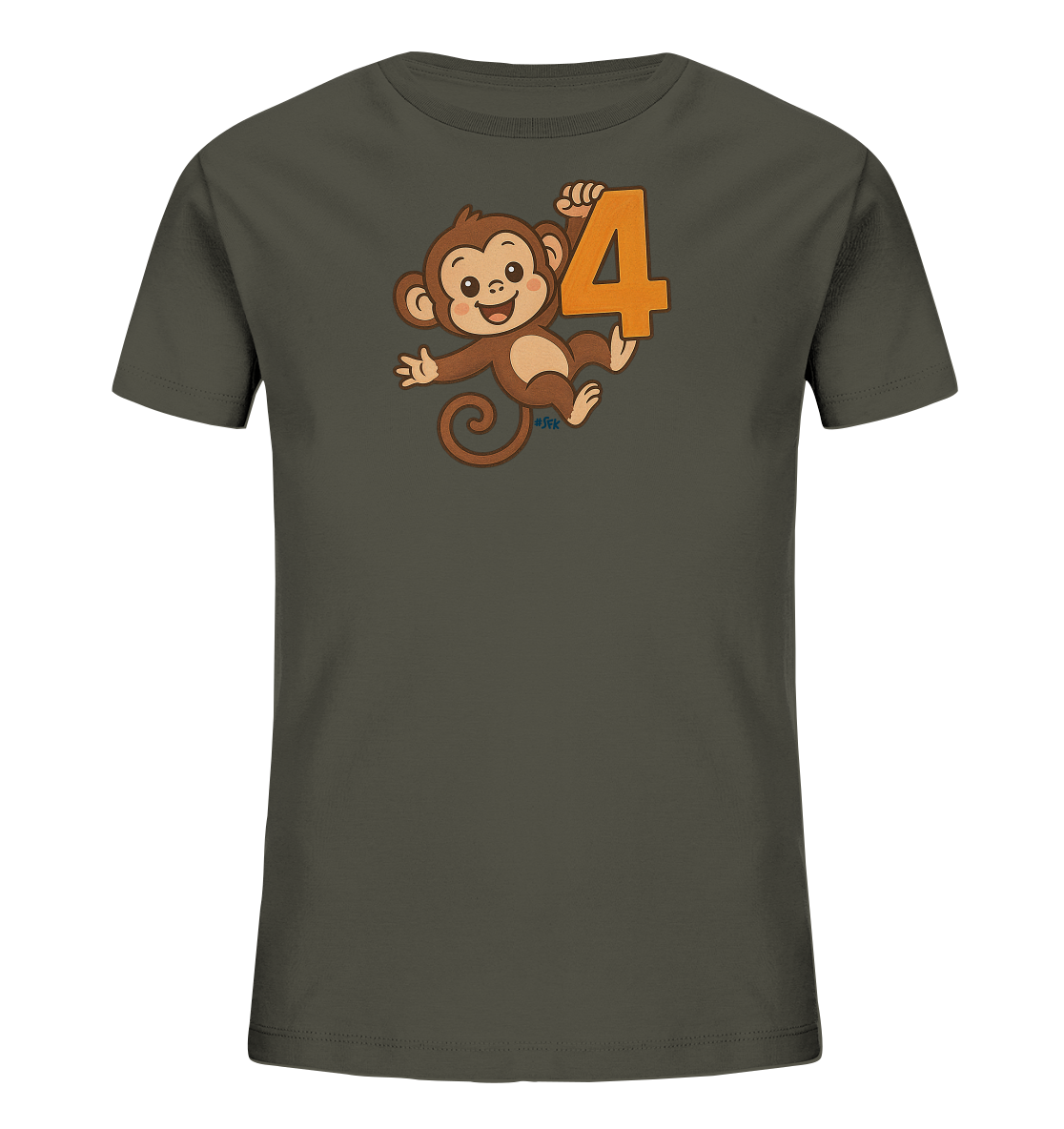 Onlineshop Shirts fuer Kinder - Das Bild zeigt ein dunkelgraues Kinder-T-Shirt mit einem froehlichen Motiv auf der Vorderseite. Ein cartoonhafter Affe in Brauntoenen haelt spielerisch eine grosse, orangefarbene Zahl Vier. Der Affe hat ein breites Laecheln und grosse Augen. Dieses Design verleiht dem Shirt einen lustigen und verspielten Look.