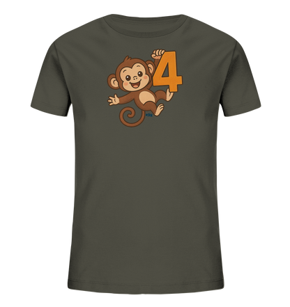 Onlineshop Shirts fuer Kinder - Das Bild zeigt ein dunkelgraues Kinder-T-Shirt mit einem froehlichen Motiv auf der Vorderseite. Ein cartoonhafter Affe in Brauntoenen haelt spielerisch eine grosse, orangefarbene Zahl Vier. Der Affe hat ein breites Laecheln und grosse Augen. Dieses Design verleiht dem Shirt einen lustigen und verspielten Look.