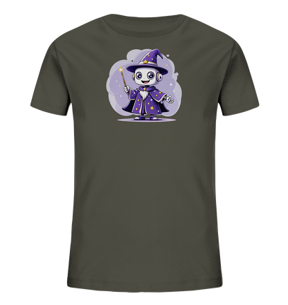 Onlineshop Shirts für Kinder - Das Bild zeigt ein dunkelgraues T-Shirt für Kinder. Auf der Vorderseite ist eine farbenfrohe Illustration eines freundlichen Roboters im Magierkostüm abgebildet. Der kleine Roboter trägt einen lila Hut und eine passende Robe, beide verziert mit goldenen Sternen, und hält einen leuchtenden Zauberstab in der Hand. Eine lilafarbene Wolke mit funkelnden Sternen bildet den Hintergrund für das Motiv, was dem Design einen verspielten Charakter verleiht.