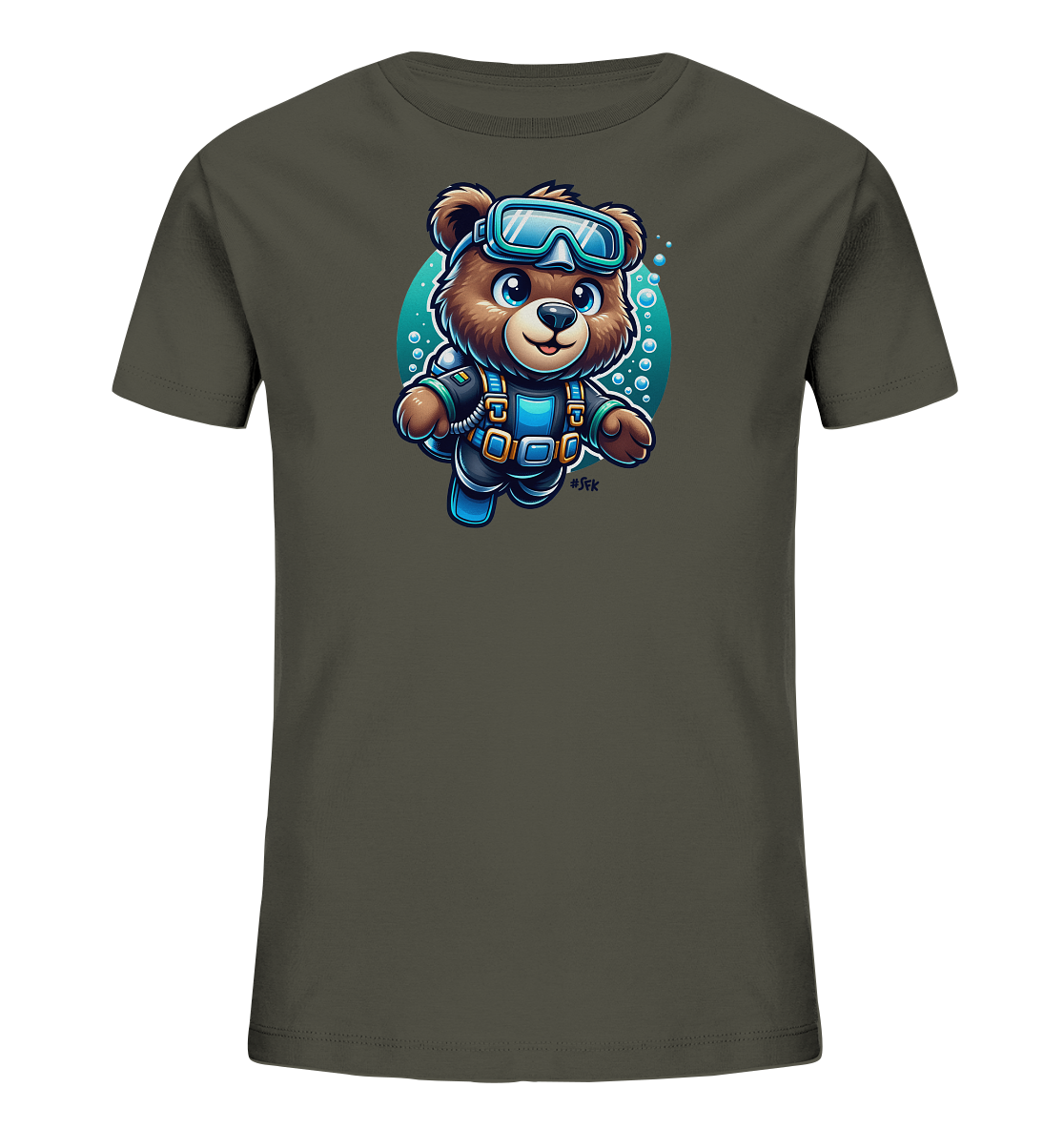 Onlineshop Shirts fuer Kinder - Das Bild zeigt ein dunkelgraues Kinder T-Shirt mit einem Taucherbaer-Motiv auf der Vorderseite. Ein niedlicher Comic-Baer traegt eine Tauchermaske und eine Tauchausruestung. Er schwimmt inmitten von Blasen vor einem blauen, runden Hintergrund, der Wasser darstellt. Das Design verleiht dem Shirt einen lustigen und abenteuerlichen Look.