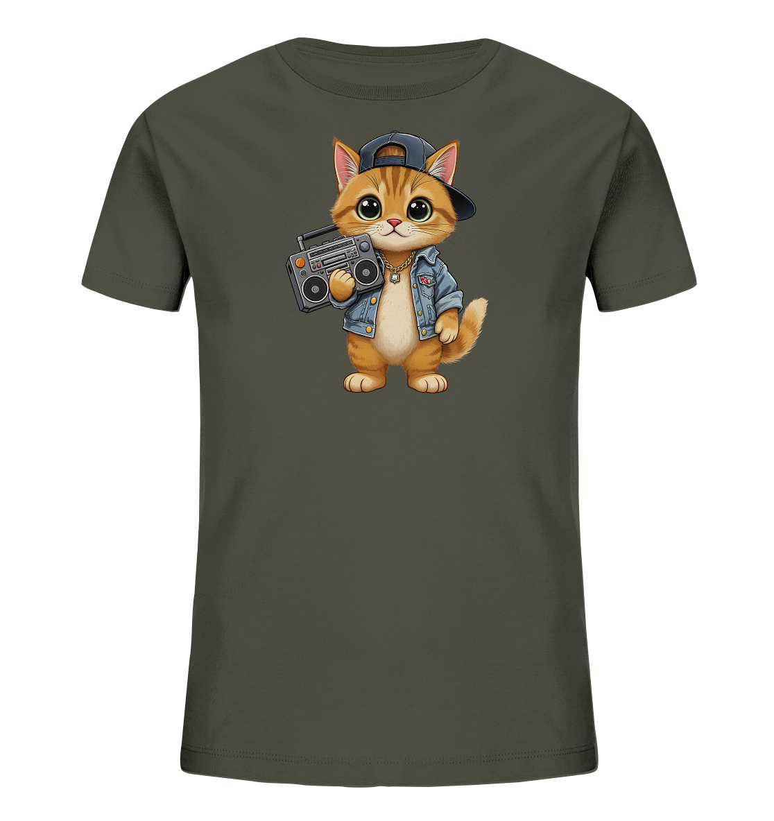 Kinder-T-Shirt mit Kater, Cap und Boombox im lässigen 90er Look.