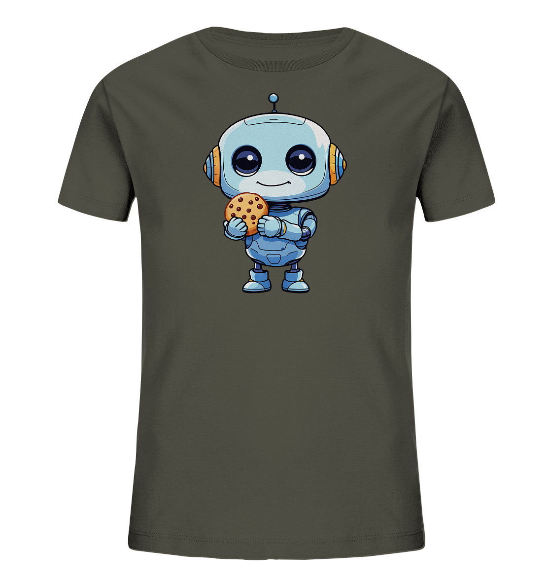 Onlineshop Shirts für Kinder - Das Bild zeigt ein dunkelgraues T-Shirt für Kinder, das mit einem freundlichen, cartoonhaften Roboter bedruckt ist. Der hellblaue Roboter hat große Kulleraugen, Antennen und orangefarbene Ohren. Er hält einen Schokoladenkeks in seinen mechanischen Händen und lächelt. Dieses Motiv verleiht dem Shirt einen spielerischen und modernen Charakter.