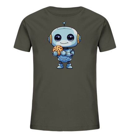 Onlineshop Shirts für Kinder - Das Bild zeigt ein dunkelgraues T-Shirt für Kinder, das mit einem freundlichen, cartoonhaften Roboter bedruckt ist. Der hellblaue Roboter hat große Kulleraugen, Antennen und orangefarbene Ohren. Er hält einen Schokoladenkeks in seinen mechanischen Händen und lächelt. Dieses Motiv verleiht dem Shirt einen spielerischen und modernen Charakter.
