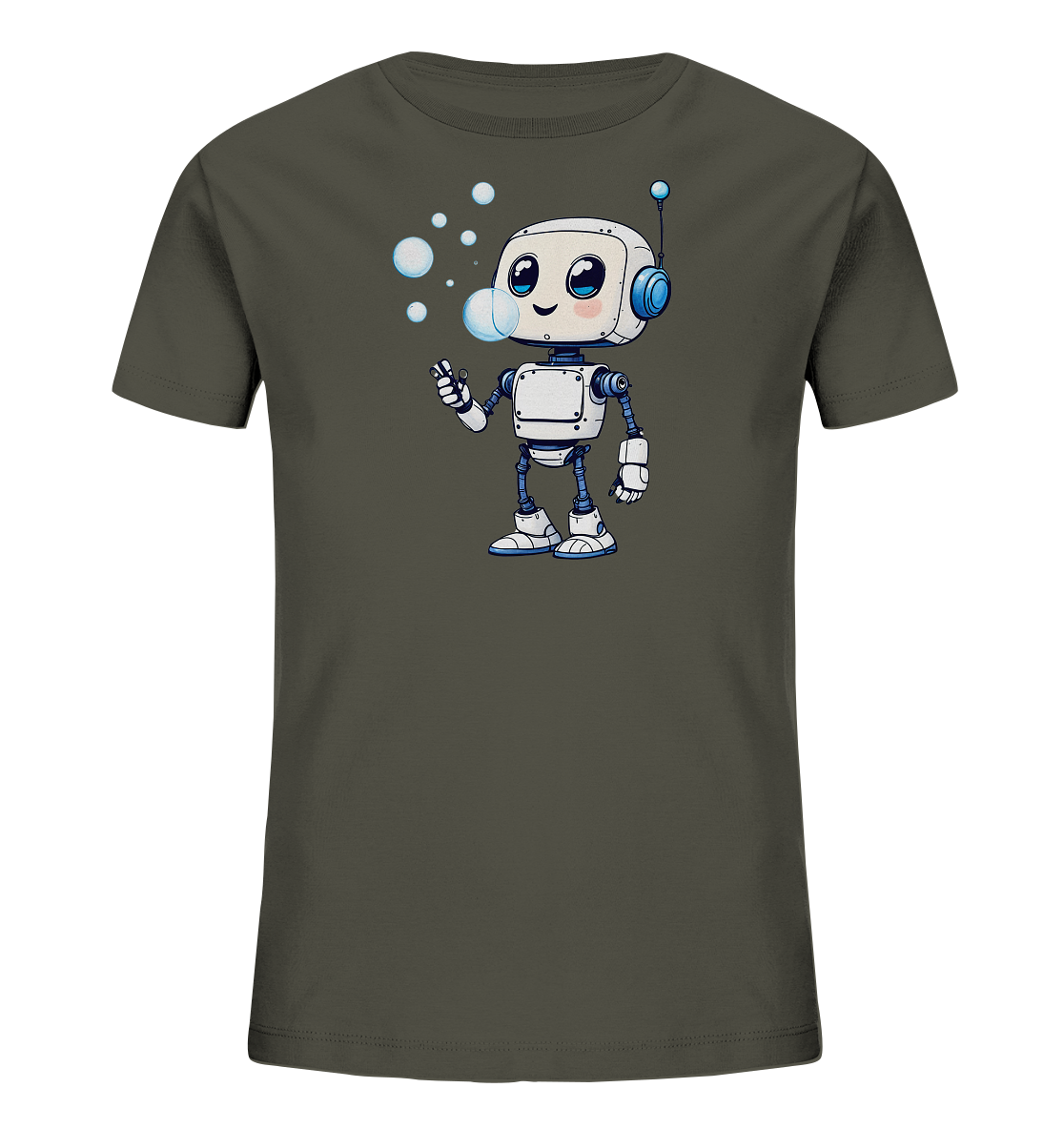 Onlineshop Shirts für Kinder - Das Bild zeigt ein dunkelgraues T-Shirt für Kinder in einer Frontansicht. Auf der Vorderseite des Shirts ist eine Illustration eines kleinen, freundlich aussehenden Roboters abgebildet. Der Roboter, der hauptsächlich weiß mit blauen Akzenten ist, bläst eine Reihe von Seifenblasen in die Luft. Das Design ist detailliert und verleiht dem Shirt einen verspielten und modernen Look.