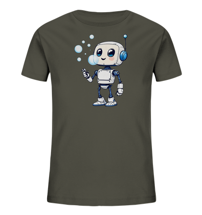 Onlineshop Shirts für Kinder - Das Bild zeigt ein dunkelgraues T-Shirt für Kinder in einer Frontansicht. Auf der Vorderseite des Shirts ist eine Illustration eines kleinen, freundlich aussehenden Roboters abgebildet. Der Roboter, der hauptsächlich weiß mit blauen Akzenten ist, bläst eine Reihe von Seifenblasen in die Luft. Das Design ist detailliert und verleiht dem Shirt einen verspielten und modernen Look.
