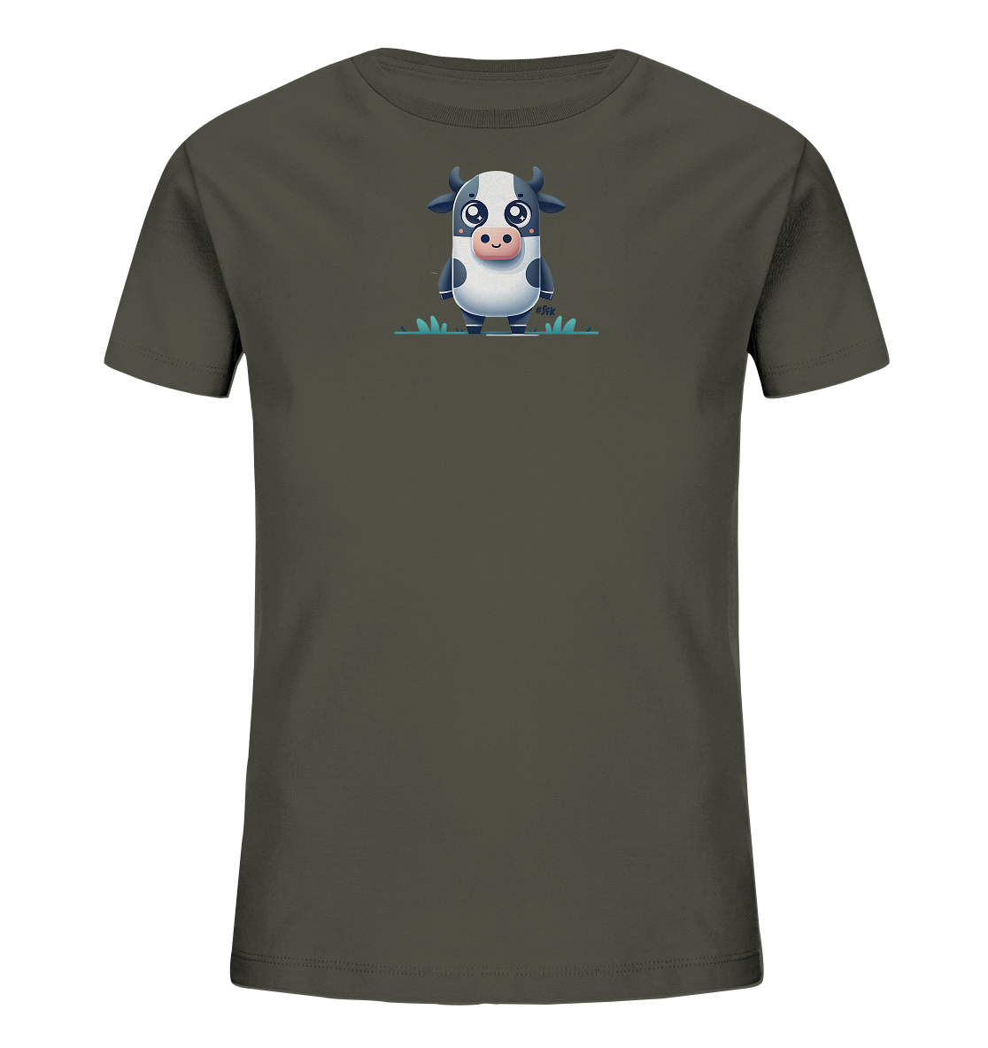 Onlineshop Shirts fuer Kinder - Das Bild zeigt ein dunkelgruenes Kinder-T-Shirt mit einem niedlichen Aufdruck auf der Vorderseite. Der Aufdruck stellt eine suesse, cartoonhafte Kuh dar, die auf einer stilisierten Grashoehe steht. Die Kuh hat ein schwarz-weisses Fell, grosse Augen und eine pinke Nase. Das Design wirkt insgesamt freundlich und verspielt.