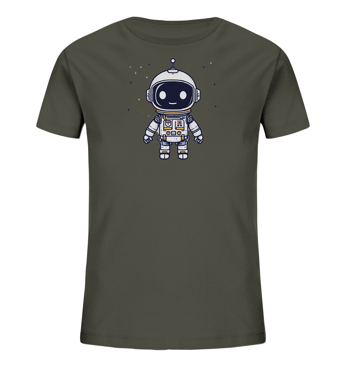 Onlineshop Shirts für Kinder - Das Bild zeigt ein Kinder-T-Shirt in einem dunklen Grau- oder Grünton. Auf der Vorderseite ist eine niedliche Illustration eines kleinen Astronauten Roboters platziert. Der Roboter trägt einen weißen Raumanzug mit Details in verschiedenen Farben und hat ein freundliches Gesicht. Im Hintergrund der Illustration sind einige kleine, weiße Sternen-ähnliche Symbole zu sehen, die das Weltraumthema unterstreichen. Das Design ist ansprechend und verspielt, ideal für Kinder.