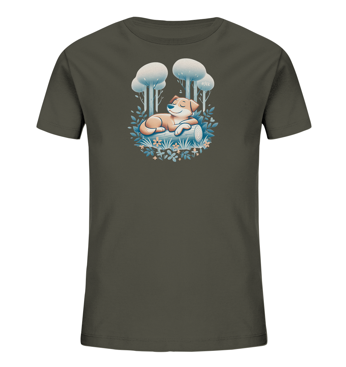 Onlineshop Shirts fuer Kinder - Das Bild zeigt ein dunkelgruenes T-Shirt fuer Kinder. Auf der Vorderseite ist eine Illustration eines friedlich schlafenden Hundes zu sehen. Der Hund liegt auf einem Baumstamm, umgeben von Pflanzen, Blumen und stilisierten Baeumen im Hintergrund. Das Motiv ist im Cartoon-Stil gehalten und wirkt ruhig und verspielt.