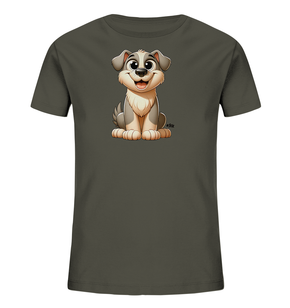 Onlineshop Shirts fuer Kinder - Das Bild zeigt ein dunkelgraues T-Shirt fuer Kinder mit einer Illustration eines freundlichen Cartoon-Hundes. Der Hund sitzt aufrecht in der Mitte des Shirts und hat graues und beiges Fell. Er blickt den Betrachter mit grossen Augen an und hat ein offenes Laecheln. Das Design wirkt verspielt und ansprechend fuer Kinder.