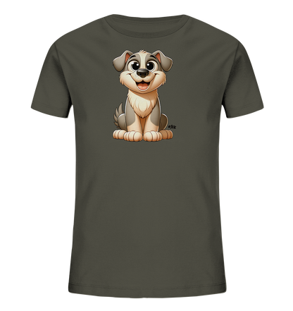 Onlineshop Shirts fuer Kinder - Das Bild zeigt ein dunkelgraues T-Shirt fuer Kinder mit einer Illustration eines freundlichen Cartoon-Hundes. Der Hund sitzt aufrecht in der Mitte des Shirts und hat graues und beiges Fell. Er blickt den Betrachter mit grossen Augen an und hat ein offenes Laecheln. Das Design wirkt verspielt und ansprechend fuer Kinder.