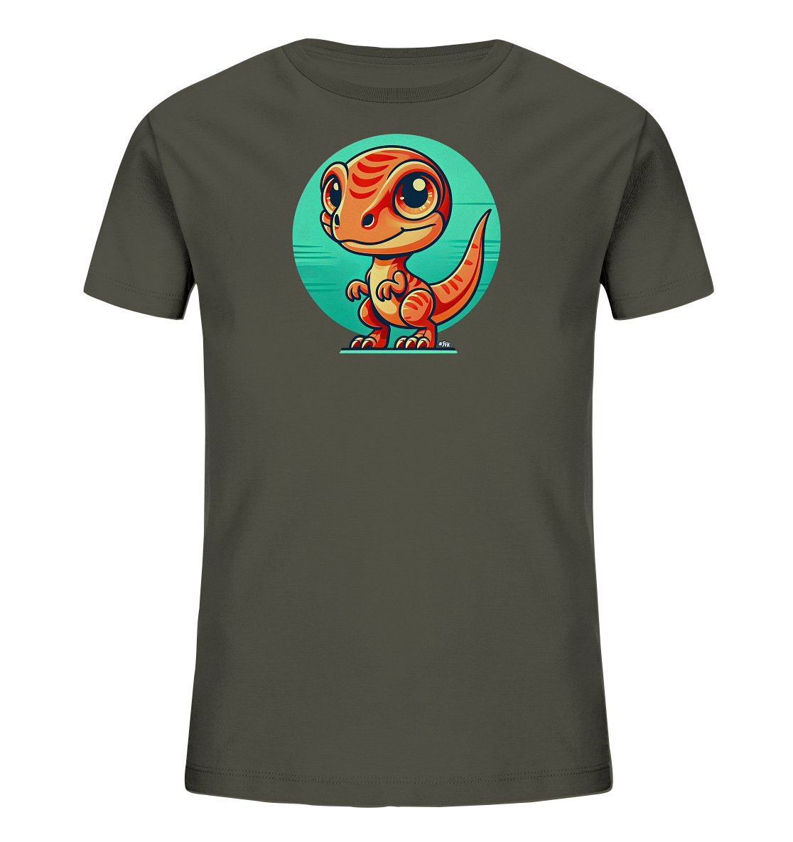Onlineshop Shirts fuer Kinder - Das Bild zeigt ein Kinder-T-Shirt in einem gedeckten Graugruen. Auf der Vorderseite ist ein freundlich aussehender, oranger Cartoon-Dinosaurier abgebildet. Der Dinosaurier steht vor einem tuerkisfarbenen Kreis-Hintergrund mit horizontalen Linien. Dieses lustige Motiv verleiht dem Shirt einen verspielten Charakter.
