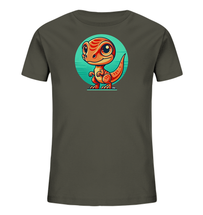 Onlineshop Shirts fuer Kinder - Das Bild zeigt ein Kinder-T-Shirt in einem gedeckten Graugruen. Auf der Vorderseite ist ein freundlich aussehender, oranger Cartoon-Dinosaurier abgebildet. Der Dinosaurier steht vor einem tuerkisfarbenen Kreis-Hintergrund mit horizontalen Linien. Dieses lustige Motiv verleiht dem Shirt einen verspielten Charakter.