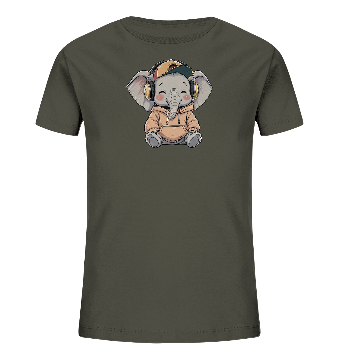 Onlineshop Shirts fuer Kinder - Das Bild zeigt ein dunkelgruenes Kinder-T-Shirt. Darauf ist ein suesser, sitzender Elefant mit einem beigen Hoodie, Kopfhoerern und einer Kappe zu sehen. Der Elefant hat ein freundliches Gesicht und einen entspannten Ausdruck. Das Design wirkt verspielt und kindgerecht.