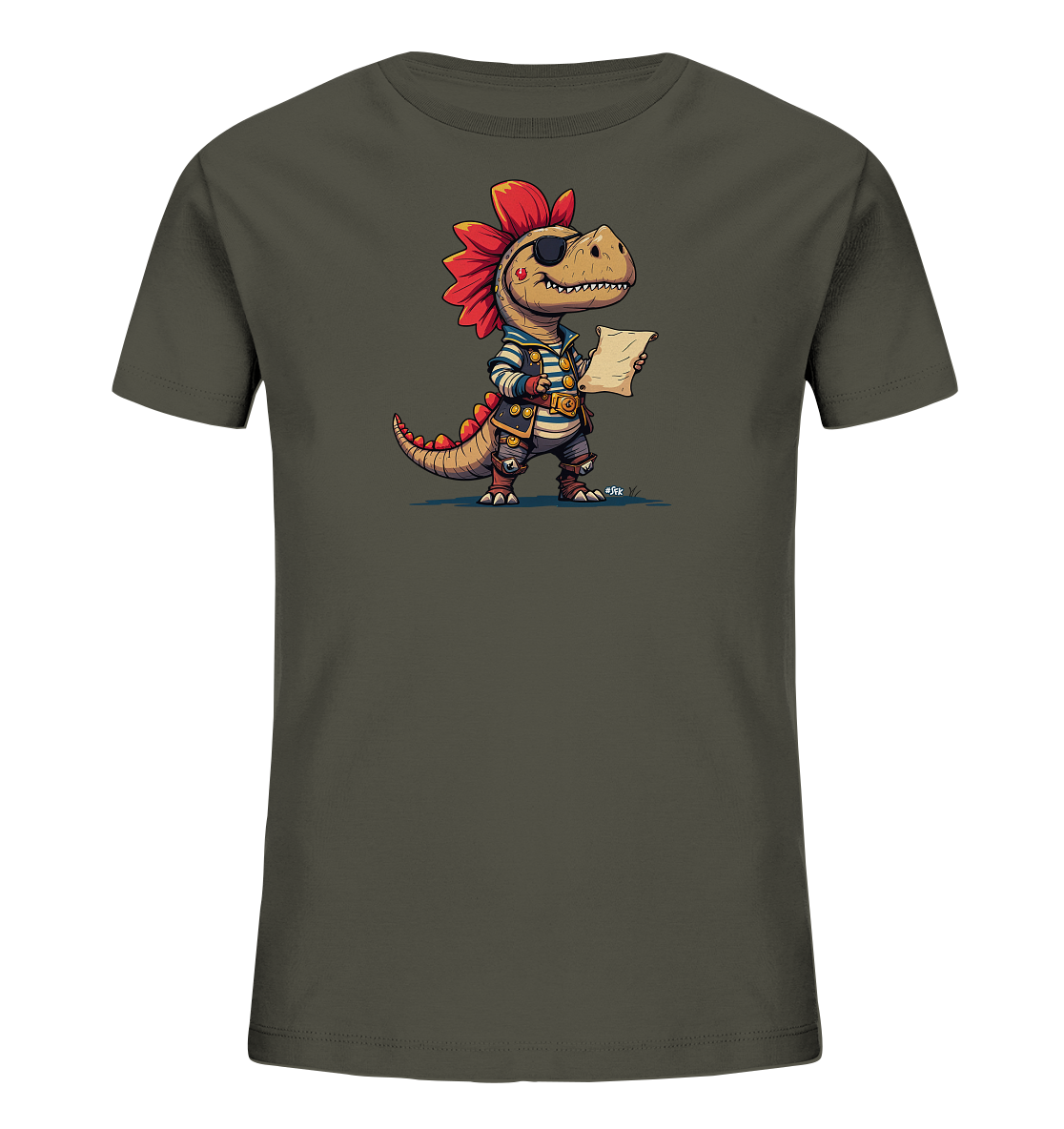 Onlineshop Shirts fuer Kinder - Das Bild zeigt ein dunkles T-Shirt mit einer verspielten Illustration eines Dinosauriers im Piraten-Outfit. Der freundliche Dino traegt eine Augenklappe, ein gestreiftes Oberteil und haelt eine Schriftrolle. Das detailreiche Motiv ist farbenfroh gestaltet.
