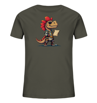 Onlineshop Shirts fuer Kinder - Das Bild zeigt ein dunkles T-Shirt mit einer verspielten Illustration eines Dinosauriers im Piraten-Outfit. Der freundliche Dino traegt eine Augenklappe, ein gestreiftes Oberteil und haelt eine Schriftrolle. Das detailreiche Motiv ist farbenfroh gestaltet.