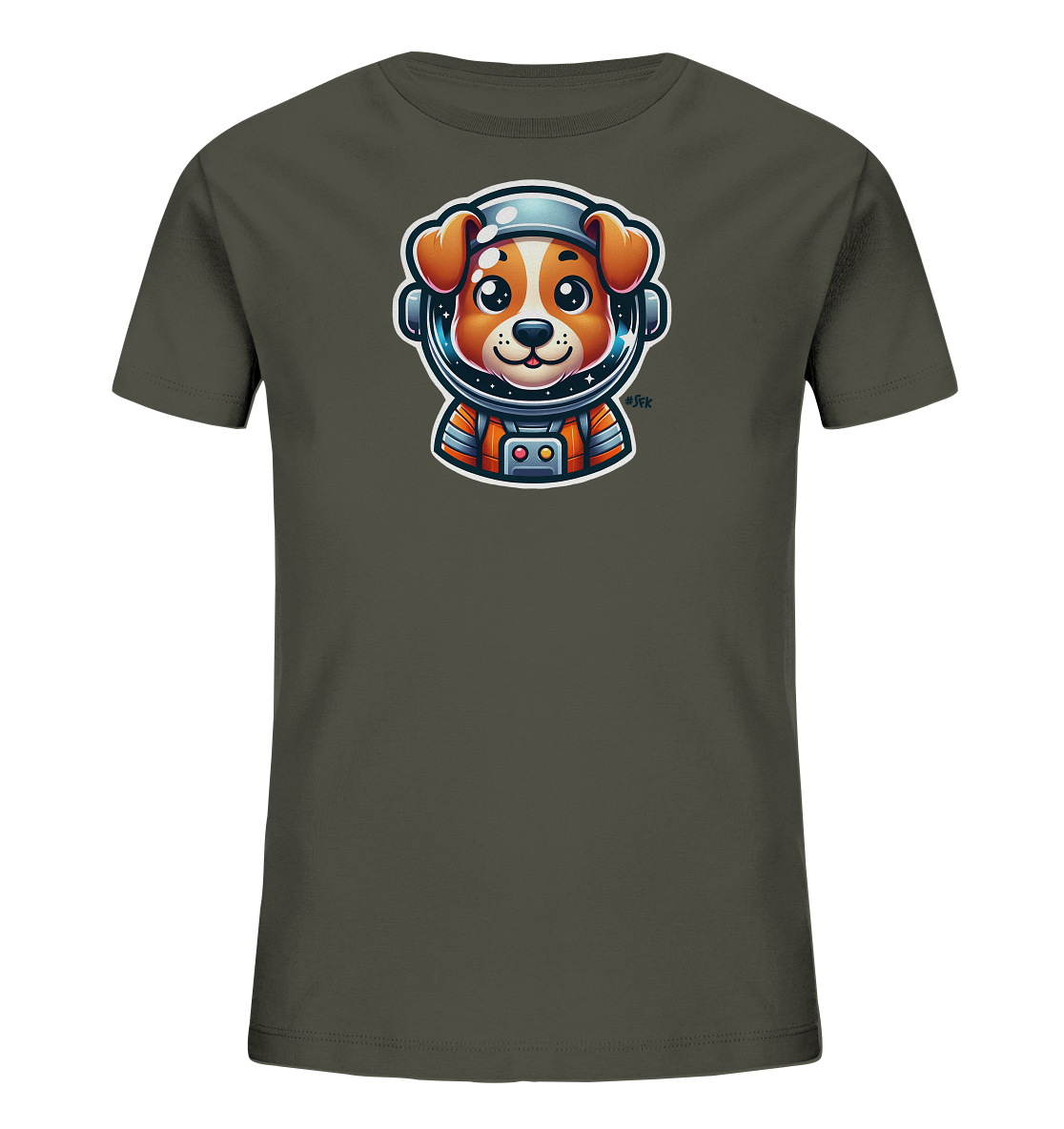Onlineshop Shirts fuer Kinder - Das Bild zeigt ein dunkelgraues T-Shirt mit einem grossen, farbenfrohen Aufdruck eines Cartoon-Hundes auf der Vorderseite. Der Hund traegt einen Weltraumanzug und einen Helm, wobei sein freundliches Gesicht mit grossen Augen zu sehen ist. Der Anzug ist orange und blau gestaltet und zeigt einige technische Details. Die Illustration ist detailreich und wirkt verspielt.