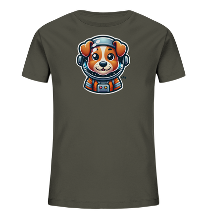 Onlineshop Shirts fuer Kinder - Das Bild zeigt ein dunkelgraues T-Shirt mit einem grossen, farbenfrohen Aufdruck eines Cartoon-Hundes auf der Vorderseite. Der Hund traegt einen Weltraumanzug und einen Helm, wobei sein freundliches Gesicht mit grossen Augen zu sehen ist. Der Anzug ist orange und blau gestaltet und zeigt einige technische Details. Die Illustration ist detailreich und wirkt verspielt.