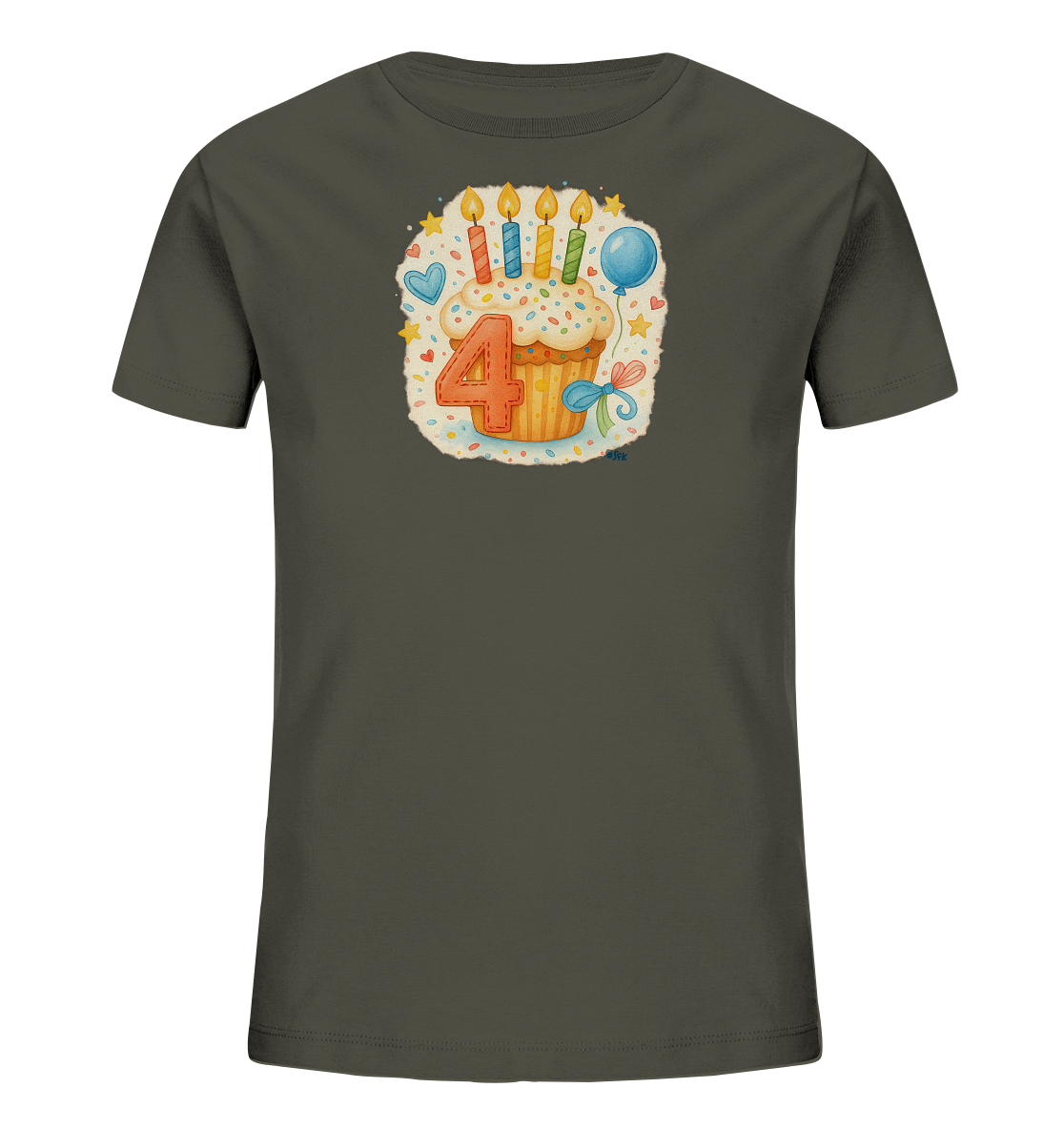 Onlineshop Shirts fuer Kinder - Das Bild zeigt ein dunkelgraues T-Shirt mit einem froehlichen Geburtstagsmotiv. Im Zentrum befindet sich ein Cupcake, verziert mit Zuckerguss, Streuseln und vier brennenden Kerzen in verschiedenen Farben. Eine grosse orange Zahl Vier steht davor. Das Design wird durch festliche Elemente wie Sterne, einen Ballon und ein Herz ergaenzt.