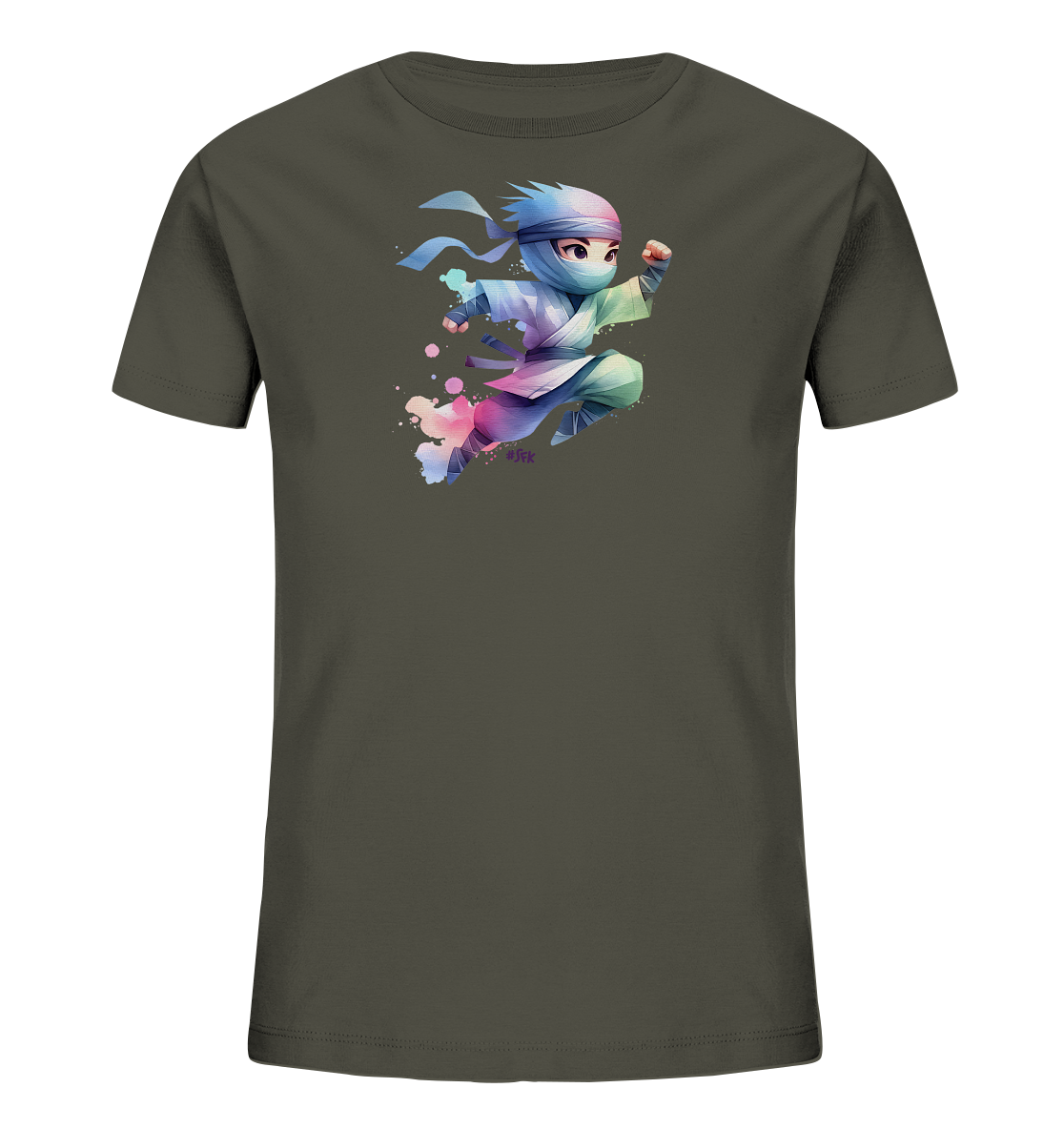 Onlineshop Shirts fuer Kinder - Das Bild zeigt ein dunkelgraues T-Shirt mit einer bunten Grafik auf der Vorderseite. Dargestellt ist ein springender Cartoon-Charakter in einem Ninja-Outfit, umgeben von farbigen Klecksen in Aquarell-Optik. Die Figur traegt eine Kopfbedeckung und Maske und hat einen dynamischen Ausdruck. Das Design ist lebendig und wirkt verspielt durch die Farbverlaeufe.