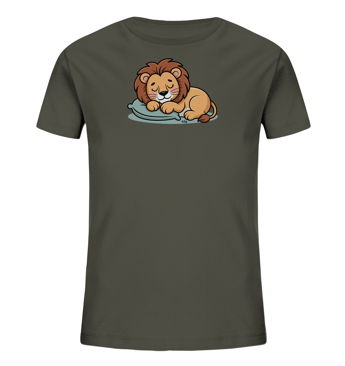Onlineshop Shirts fuer Kinder - Das Bild zeigt ein dunkelgraues Kinder-T-Shirt mit einem niedlichen Motiv eines schlafenden Loewen auf der Vorderseite. Der Loewe liegt friedlich auf einem hellblauen Kissen, die Augen geschlossen und ein sanftes Laecheln auf dem Gesicht. Seine Maehne ist braun, und sein Fell ist hellbraun. Das Design wirkt beruhigend und ist ideal fuer kleine Kinder.