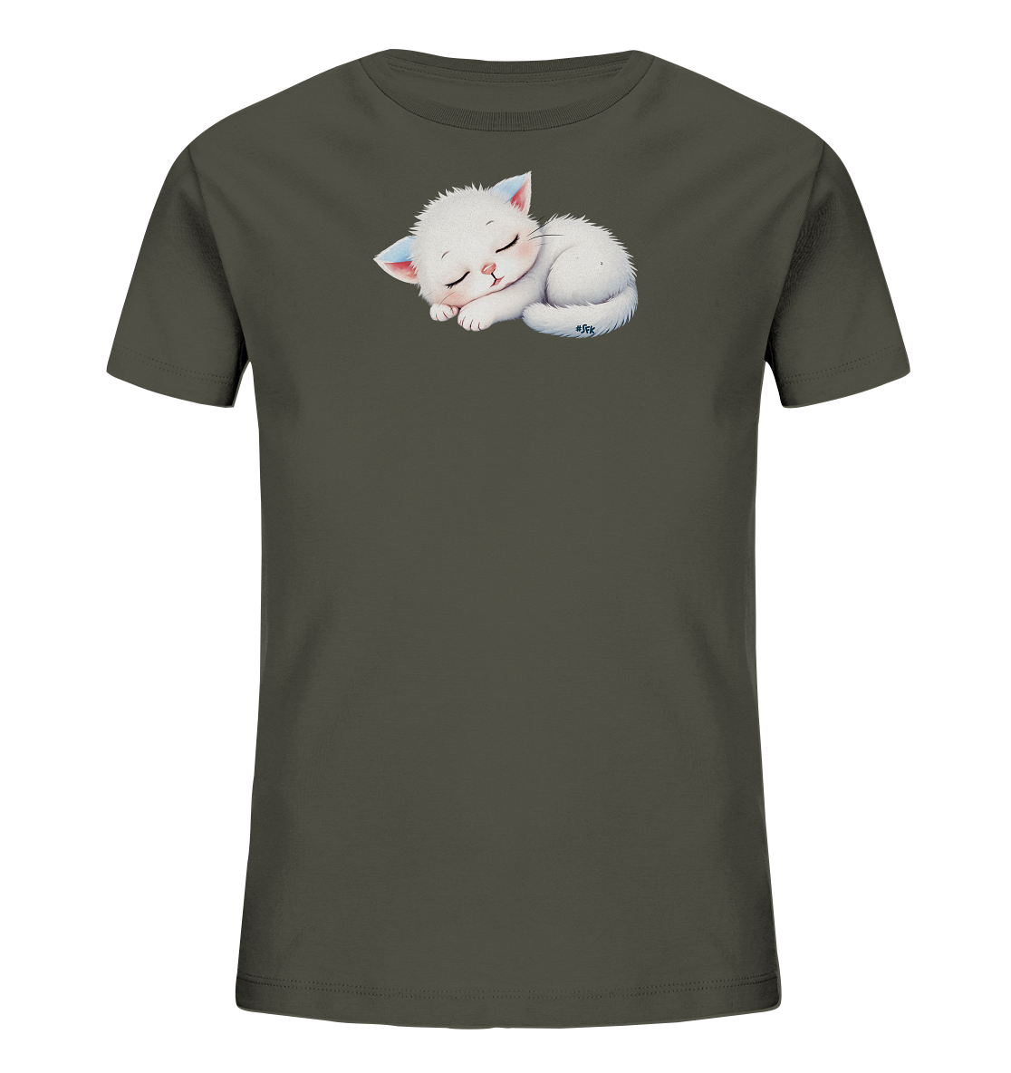 Onlineshop Shirts fuer Kinder - Das Bild zeigt ein dunkelgraues Kinder-T-Shirt mit einem niedlichen Motiv eines schlafenden weissen Kaetzchens auf der Vorderseite. Das Kaetzchen ist zusammengerollt dargestellt, mit geschlossenen Augen und einem friedlichen Ausdruck. Seine Ohren sind leicht rosa und blau getoent, was dem Design eine sanfte Note verleiht. Das Motiv ist mittig auf dem T-Shirt platziert und wirkt sehr ansprechend.