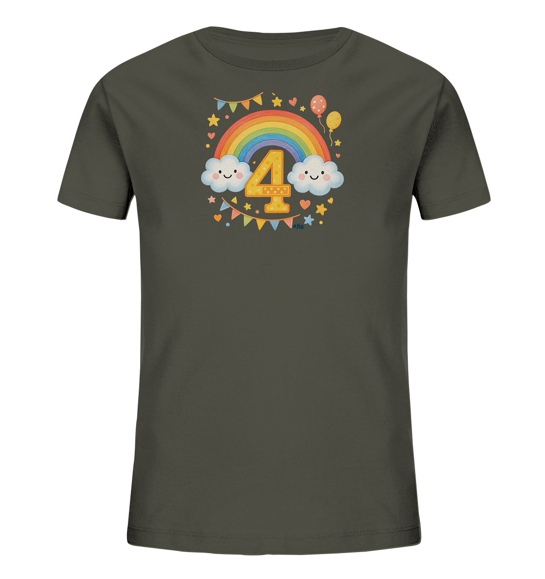 Onlineshop Shirts fuer Kinder - Das Bild zeigt ein dunkelgraues Kinder-T-Shirt mit einer bunten Grafik auf der Vorderseite. Im Zentrum steht eine grosse, goldene Zahl 4, umgeben von einem Regenbogen und laechelnden Wolken. Zahlreiche Sterne, Herzen, Luftballons und eine Girlande verzieren das Motiv zusaetzlich. Dieses festliche Design verleiht dem Shirt einen froehlichen Charakter.