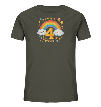 Onlineshop Shirts fuer Kinder - Das Bild zeigt ein dunkelgraues Kinder-T-Shirt mit einer bunten Grafik auf der Vorderseite. Im Zentrum steht eine grosse, goldene Zahl 4, umgeben von einem Regenbogen und laechelnden Wolken. Zahlreiche Sterne, Herzen, Luftballons und eine Girlande verzieren das Motiv zusaetzlich. Dieses festliche Design verleiht dem Shirt einen froehlichen Charakter.