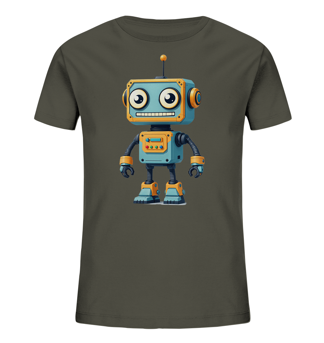 Onlineshop Shirts für Kinder - Das Bild zeigt ein dunkelgraues Kinder-T-Shirt mit einem großen Aufdruck auf der Vorderseite. Der Aufdruck stellt einen freundlich lächelnden Cartoon-Roboter dar. Der Roboter ist hauptsächlich in Blautönen mit orangen und gelben Akzenten gehalten und hat große, runde Augen sowie eine Antenne. Das Motiv verleiht dem Shirt einen verspielten und technologischen Charakter.