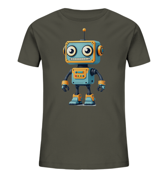 Onlineshop Shirts für Kinder - Das Bild zeigt ein dunkelgraues Kinder-T-Shirt mit einem großen Aufdruck auf der Vorderseite. Der Aufdruck stellt einen freundlich lächelnden Cartoon-Roboter dar. Der Roboter ist hauptsächlich in Blautönen mit orangen und gelben Akzenten gehalten und hat große, runde Augen sowie eine Antenne. Das Motiv verleiht dem Shirt einen verspielten und technologischen Charakter.