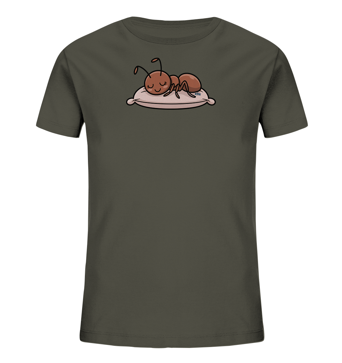 Onlineshop Shirts fuer Kinder - Das Bild zeigt ein dunkelgraues T-Shirt fuer Kinder. Auf der Vorderseite ist eine suesse, schlafende Ameise in Cartoon-Stil abgebildet. Die Ameise ruht auf einem hellrosa Kissen mit geschlossenen Augen und einem sanften Laecheln. Dieses Design verleiht dem Shirt einen ruhigen und niedlichen Charakter, ideal fuer kleine Traeumer.