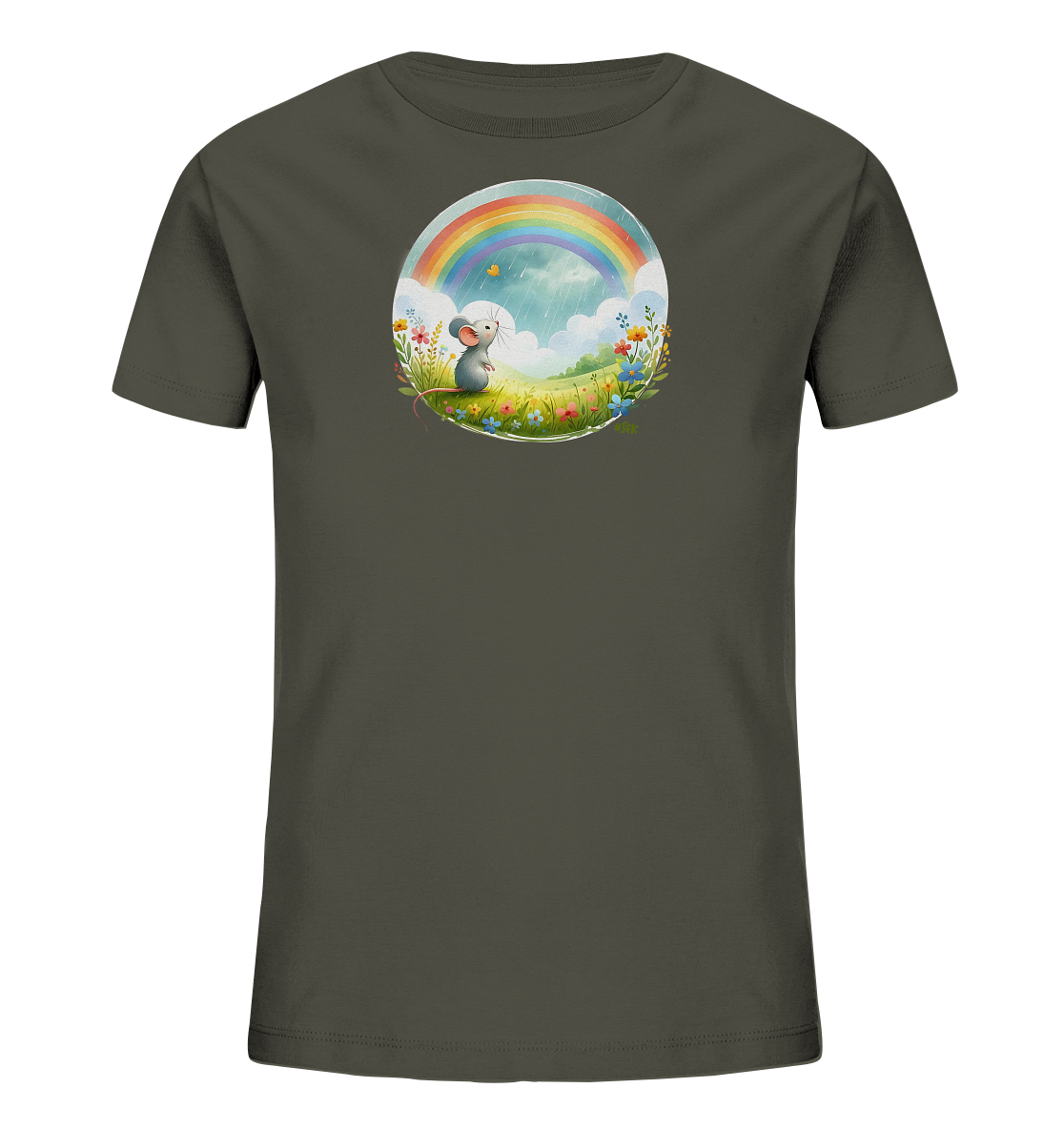 Onlineshop Shirts fuer Kinder - Das Bild zeigt ein dunkelgraues Kinder-T-Shirt mit einer runden Illustration auf der Vorderseite. Das Motiv stellt eine kleine Maus dar, die in einer bunten Blumenwiese sitzt. Über der Wiese ist ein Regenbogen zu sehen, ergaenzt durch Wolken und einen fliegenden Schmetterling. Das Design faengt eine heitere Naturkulisse ein.
