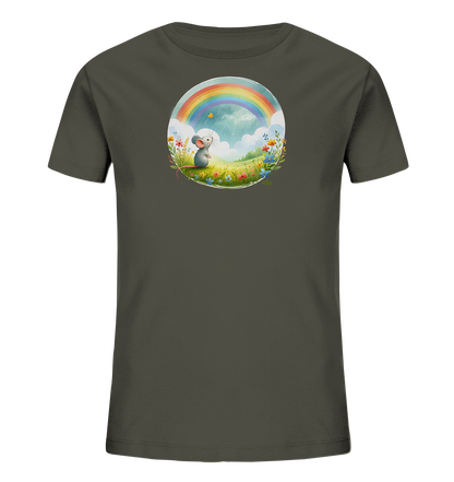 Onlineshop Shirts fuer Kinder - Das Bild zeigt ein dunkelgraues Kinder-T-Shirt mit einer runden Illustration auf der Vorderseite. Das Motiv stellt eine kleine Maus dar, die in einer bunten Blumenwiese sitzt. Über der Wiese ist ein Regenbogen zu sehen, ergaenzt durch Wolken und einen fliegenden Schmetterling. Das Design faengt eine heitere Naturkulisse ein.