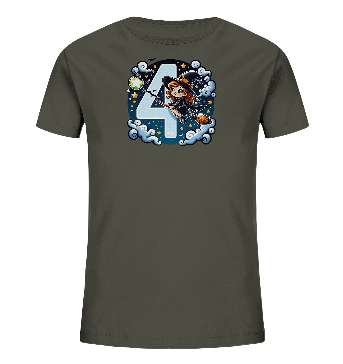 Onlineshop Shirts fuer Kinder - Dieses dunkelgraue T-Shirt praesentiert ein detailreiches Motiv fuer Kinder. Zentral im Design ist eine grosse, helle Zahl Vier positioniert, vor der eine kleine Hexe auf einem Besen fliegt. Die Grafik wird von dunklen Wolken, Sternen, Fledermaeusen und einer Flasche begleitet, was dem T-Shirt eine mystische Note verleiht. Dieses Shirt eignet sich hervorragend fuer Fans von Zauberei und ist besonders passend fuer den vierten Geburtstag.