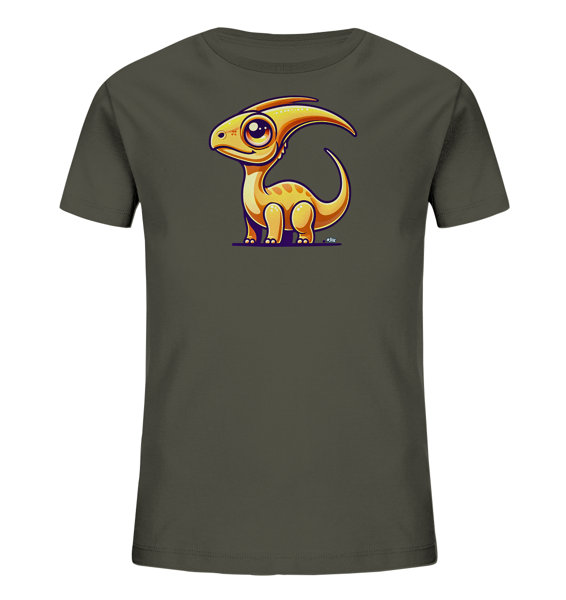 Onlineshop Shirts fuer Kinder - Das Bild zeigt ein dunkelgraues Kinder-T-Shirt mit einem niedlichen Druck auf der Vorderseite. Der Druck stellt einen cartoonartigen Baby-Dinosaurier dar, der orange-gelb gefaerbt ist und Tupfen hat. Der Dino hat grosse Augen und einen freundlichen Ausdruck. Er steht auf einer violetten Flaeche.