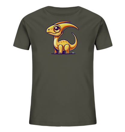 Onlineshop Shirts fuer Kinder - Das Bild zeigt ein dunkelgraues Kinder-T-Shirt mit einem niedlichen Druck auf der Vorderseite. Der Druck stellt einen cartoonartigen Baby-Dinosaurier dar, der orange-gelb gefaerbt ist und Tupfen hat. Der Dino hat grosse Augen und einen freundlichen Ausdruck. Er steht auf einer violetten Flaeche.