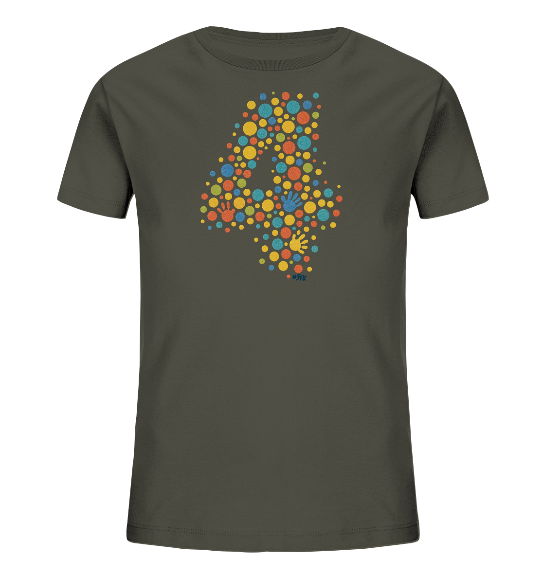Onlineshop Shirts fuer Kinder - Das Bild zeigt ein dunkelgraues T-Shirt fuer Kinder. Auf der Vorderseite ist eine grosse Zahl '4' abgebildet, die aus vielen kleinen, farbigen Kreisen und Handabdruecken besteht. Die Kreise haben verschiedene Groessen und Farben wie Gelb, Orange, Rot und Blau. Das Design wirkt froehlich und spielerisch.