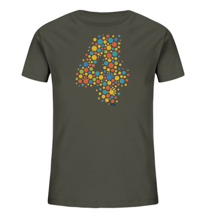 Onlineshop Shirts fuer Kinder - Das Bild zeigt ein dunkelgraues T-Shirt fuer Kinder. Auf der Vorderseite ist eine grosse Zahl '4' abgebildet, die aus vielen kleinen, farbigen Kreisen und Handabdruecken besteht. Die Kreise haben verschiedene Groessen und Farben wie Gelb, Orange, Rot und Blau. Das Design wirkt froehlich und spielerisch.