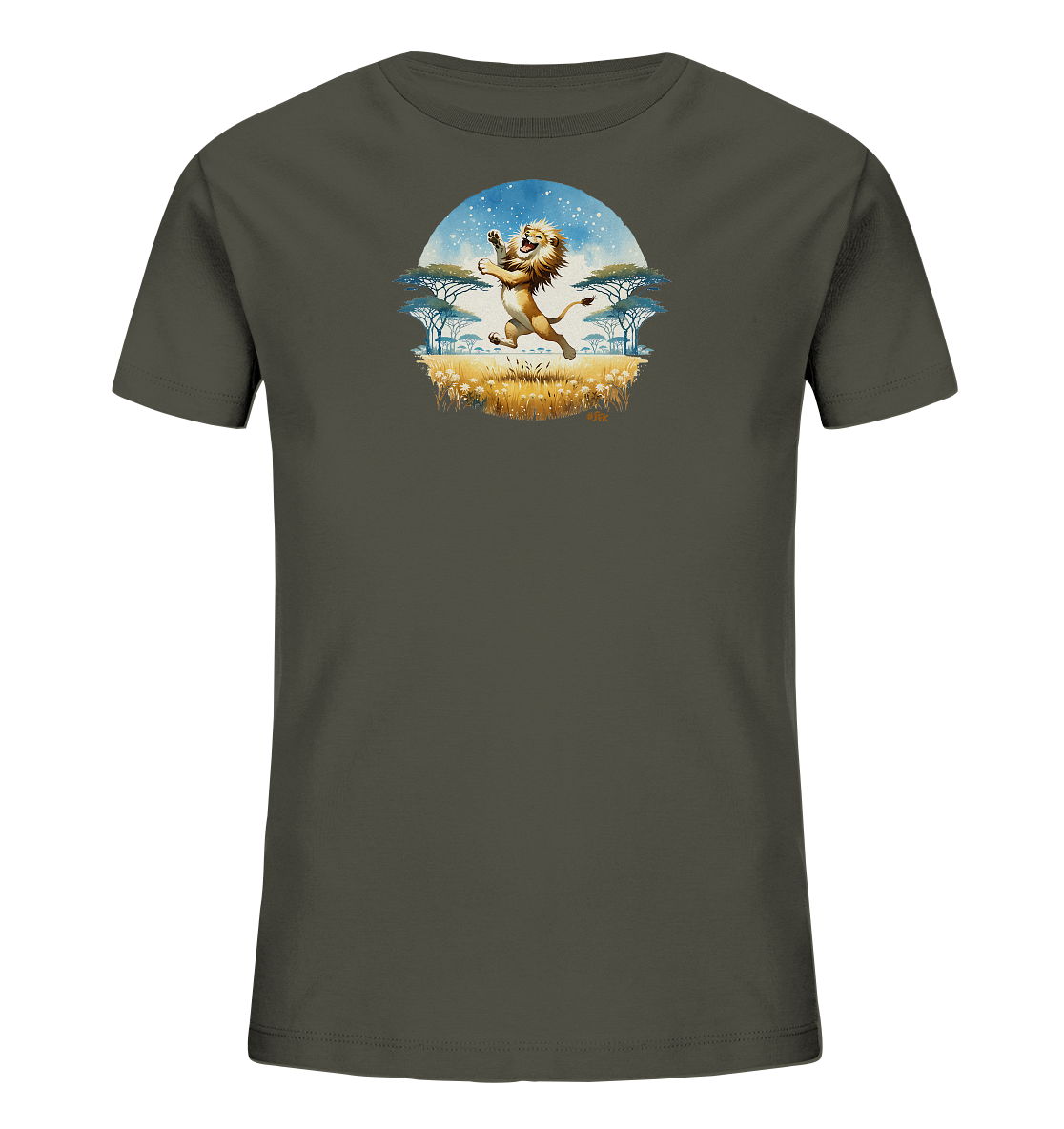 Onlineshop Shirts fuer Kinder - Dieses T-Shirt in dunklem Grau zeigt eine runde Grafik eines froehlich springenden Loewen. Die Szene im Savannenstil umfasst gruene Baeume und eine gelbliche Wiese unter einem blauen Himmel. Der Loewe ist detailliert gezeichnet und wirkt sehr dynamisch.