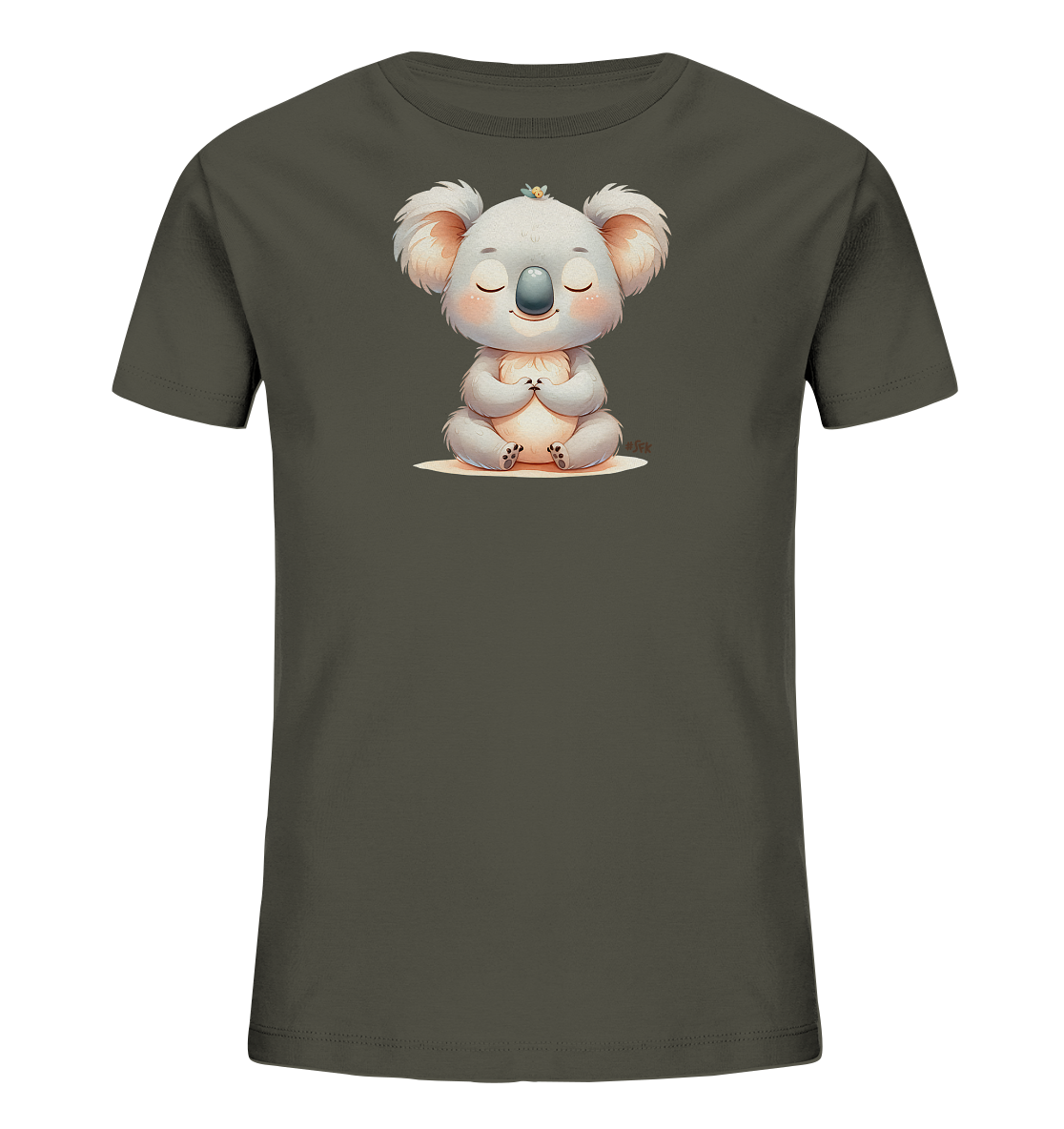 Onlineshop Shirts fuer Kinder - Das Bild zeigt ein dunkelgraues Kinder-T-Shirt mit einem bezaubernden Aufdruck eines Koalabaeren. Der Koala sitzt in einer friedlichen, meditativen Pose mit geschlossenen Augen und zusammengelegten Pfoten. Eine kleine gelbe Bluete ziert seinen Kopf. Das Design strahlt Ruhe und Niedlichkeit aus.
