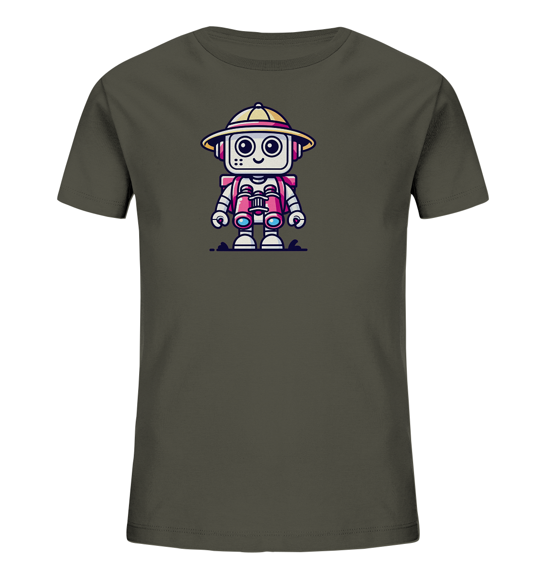 Onlineshop Shirts für Kinder - Das Bild zeigt ein dunkelgrünes oder khakifarbenes T-Shirt für Kinder. Auf der Vorderseite ist eine Illustration eines freundlichen Cartoon-Roboters zu sehen, der als Entdecker oder Abenteurer dargestellt ist. Der Roboter trägt einen gelben Safari-Hut mit roter Krempe und hält ein rotes Fernglas in den Händen. Die Darstellung ist verspielt und detailreich, mit weißen Gliedmaßen und blauen Akzenten.