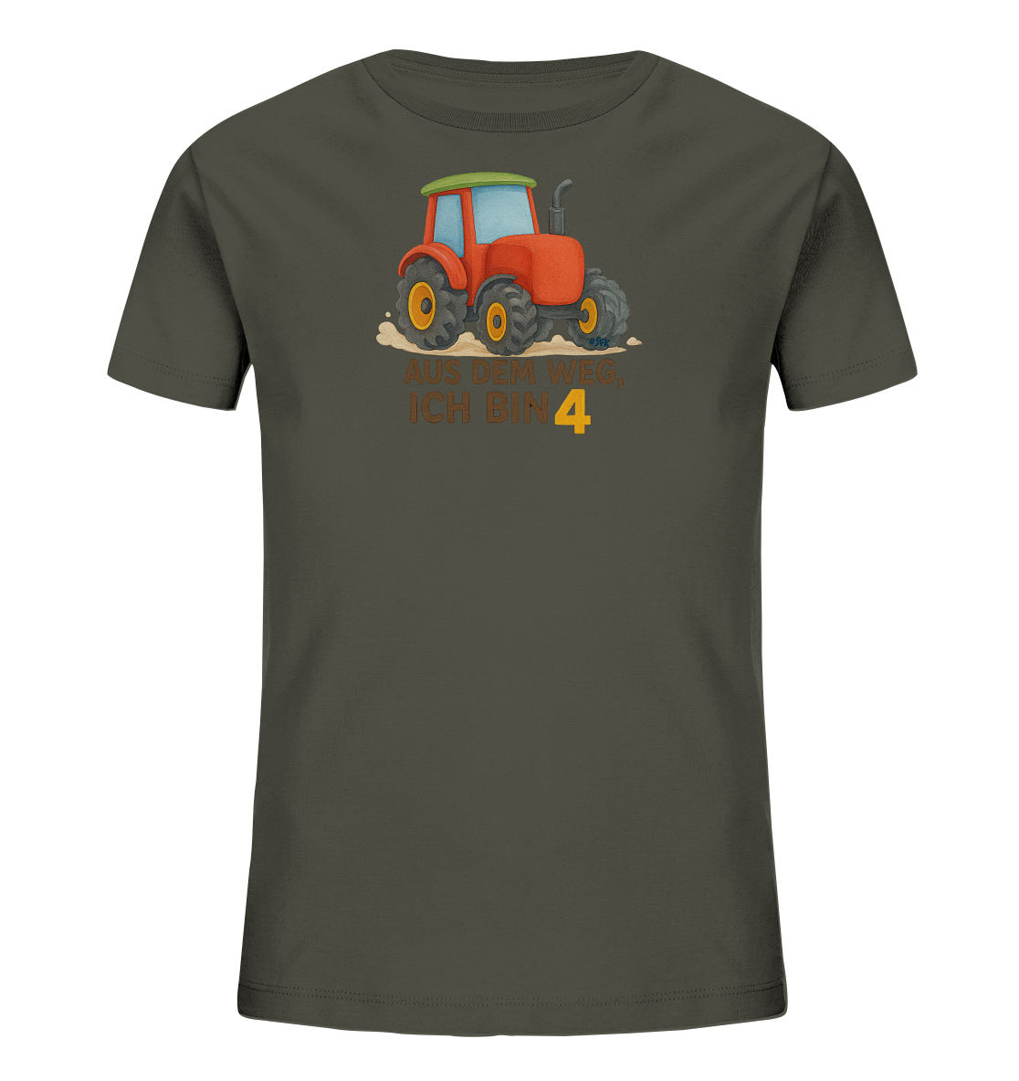 Onlineshop Shirts fuer Kinder - Das Bild zeigt ein dunkelgraues T-Shirt mit einem bunten Aufdruck auf der Vorderseite. Abgebildet ist ein roter Cartoon-Traktor mit gelben Raedern, der auf braunem, sandigem Untergrund steht. Darunter steht der Text "AUS DEM WEG, ICH BIN 4". Die Zahl Vier ist dabei groesser und in einem leuchtenden Gelb hervorgehoben.