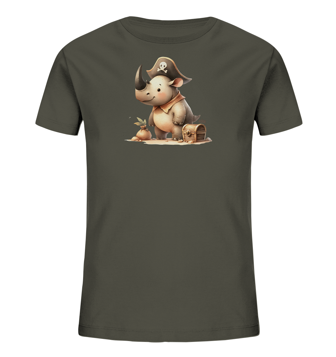 Onlineshop Shirts fuer Kinder - Das Bild zeigt ein dunkelgraues T-Shirt mit einem niedlichen Comic-Nashorn im Piratenkostuem auf der Vorderseite. Das Nashorn traegt einen Piratenhut mit Totenkopf und ein Halstuch und sitzt auf dem Boden. Neben ihm befinden sich ein kleiner Sack mit einer Pflanze und eine Holzschatztruhe. Das Motiv ist detailreich gezeichnet und vermittelt ein verspieltes Piratenthema.